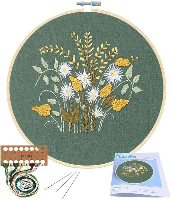 KISSBUTY Full Range of Embroidery Starter Kit with Pattern, Cross Stitch Kit Including Embroidery Fabric with Floral Pattern, Bamboo Embroidery Hoop, Color Threads and Tools Kit (Flowers Plants)