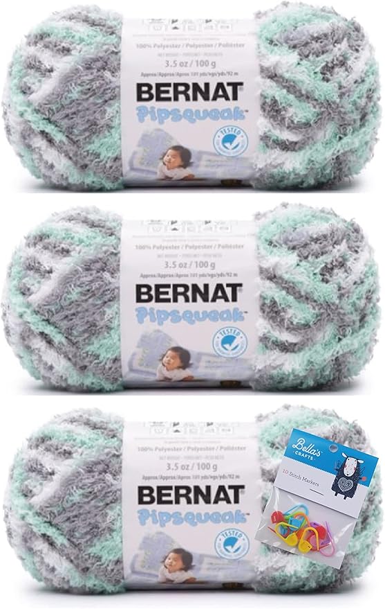 Bernat Yarn Pipsqueak Yarn, 3.5 Oz, 3-Pack Bundle with Bella's Crafts Stitch Markers (Seaspray)