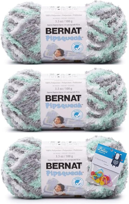 Bernat Yarn Pipsqueak Yarn, 3.5 Oz, 3-Pack Bundle with Bella's Crafts Stitch Markers (Seaspray)