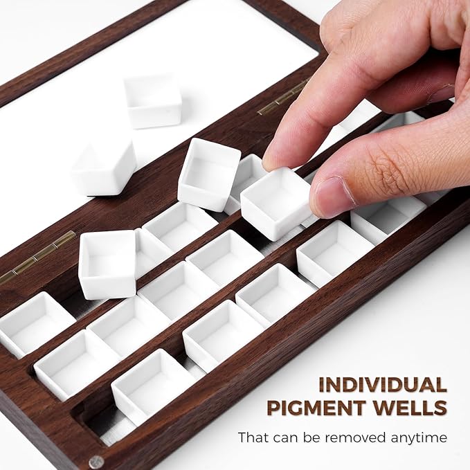 Fuumuui Watercolor Palette Box, Walnut Wood Palette Kit with Cover, 24 Empty Removable Half-pan Grids, Dual Tip Travel Brushes, for Watercolor Gouache Color Mixing, Pure White Palette