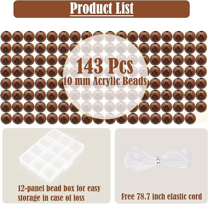143 Pcs 10mm Light Brown Acrylic Cross Beads for Bracelets, Christian Religious Beads with 2m Elastic String & 12 Grids Organizer Box - DIY Jewelry Supplies