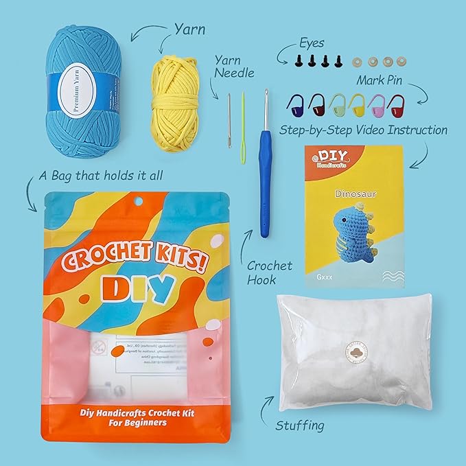 Kovarela Beginners Crochet Kit with Simple Crochet Yarn - with Step-by-Step Video Tutorials (Blue Dinosaur)