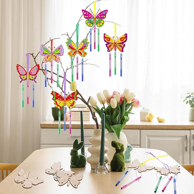 JellyArch 30 Pack Spring Butterfly Wind Chime Making Kit for Adults Make Your Own Wind Chime Butterfly DIY Wooden Crafts Ornaments for Activity Birthday Spring Summer Decoration
