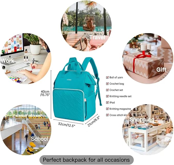 Leudes Knitting Bag Backpack,Yarn Storage Organizer Large Crochet Bag Tote Christmas Gift Yarn Holder Case for Carrying Projects,Knitting Needles (Turquoise)