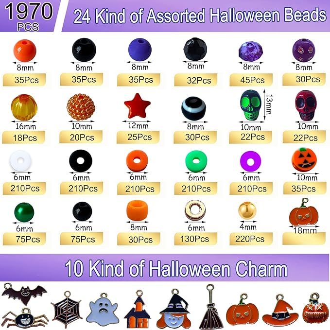 1970Pcs Halloween Bracelet Kit, Halloween Beads for Bracelets Jewelry Making Orange Black White Purple Polymer Clay Beads Pumpkin Evil Eye Skull Bead with Ghost Spider Charms for DIY Craft Earring
