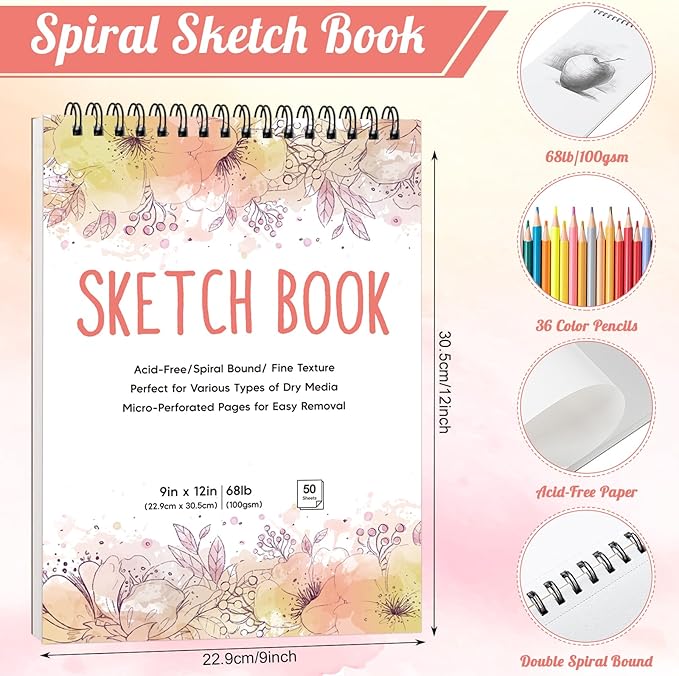 2 Pack Sketch Book with 36 Color Pencil Set, Spiral Sketchbook for Drawing (68lb/100gsm), Acid-Free Sketch Pad for Artist(9×12 inch), Art Paper Drawing Supplies for Gifts (Petal Theme)