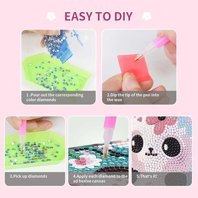 PERFECTSIGHT Cute 5D Diamond Art Kits with Wooden Frame, Kawaii DIY Painting Art for Adults Teens, Diamond Arts and Crafts Sets, Big Gem Full Drill Diamond Dots for Women Beginners (Flower Panda)