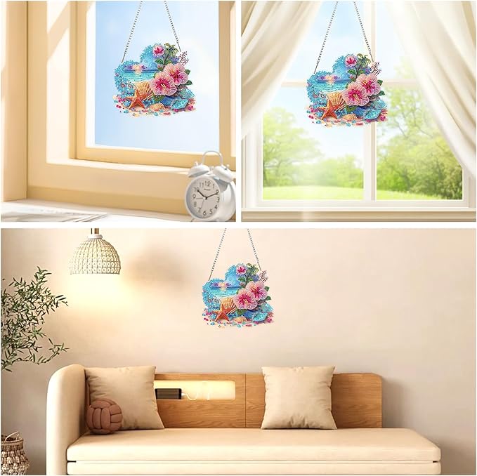 AIRDEA Hanging Diamond Painting Kits Heart,Special Shaped Diamond Art Kits for Beginner Beach and Flowers Gem Art Pendant Decor,7.87x7.08in