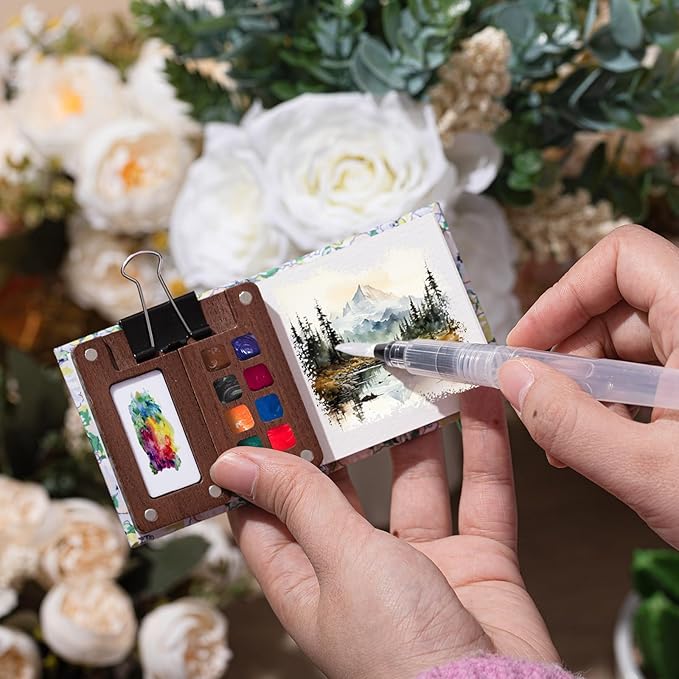 Qilery Mini Portable Watercolor Palette Set Wooden Grid Paint Box Watercolor Paper Sketch Book Brush Pens with Binder Clip for Painters Artist Not Include Paint(Small Flowers)