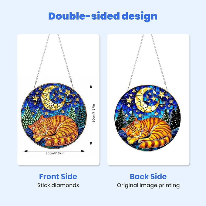 MXJSUA Stained Glass Moon Cat Diamond Painting Art Window Suncatchers, Diamond Art Kits for Adults Hanging Ornaments with Chain, 5D Special Shape Crystal Diamond Pendant Accessories for Decor Gift