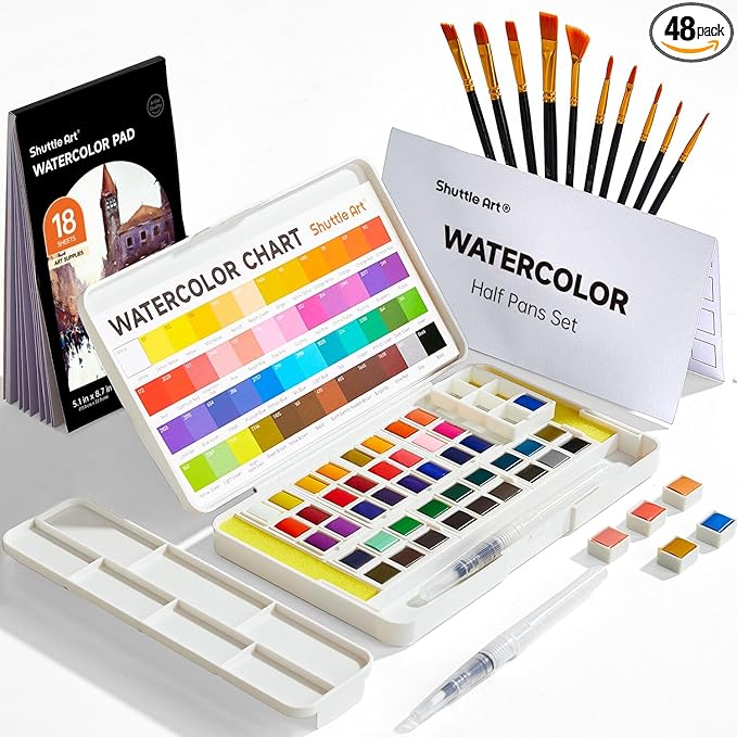 Watercolor Paint Set, Shuttle Art 48 Colors Watercolor Paint in Half Pans with 2 Water Brush Pens, 10 Paint Brushes, 1 Watercolor Pad, 1 Palette, 2 Color Charts, Watercolor Kit for KidsAdults, Artists