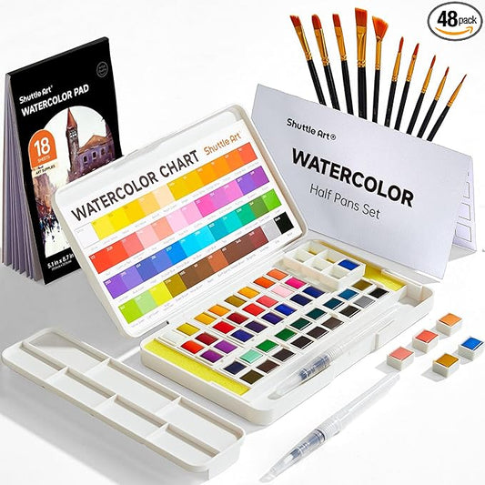 Watercolor Paint Set, Shuttle Art 48 Colors Watercolor Paint in Half Pans with 2 Water Brush Pens, 10 Paint Brushes, 1 Watercolor Pad, 1 Palette, 2 Color Charts, Watercolor Kit for KidsAdults, Artists