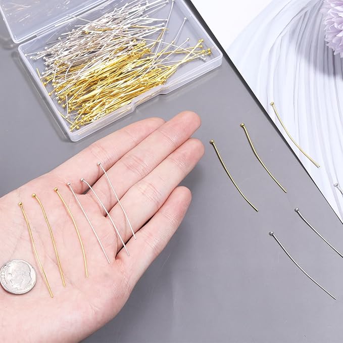 200 Pcs 50mm Straight Ball Pins for Craft Earring Bracelet Necklace Pendant DIY Jewelry Making, Silver & Gold Color