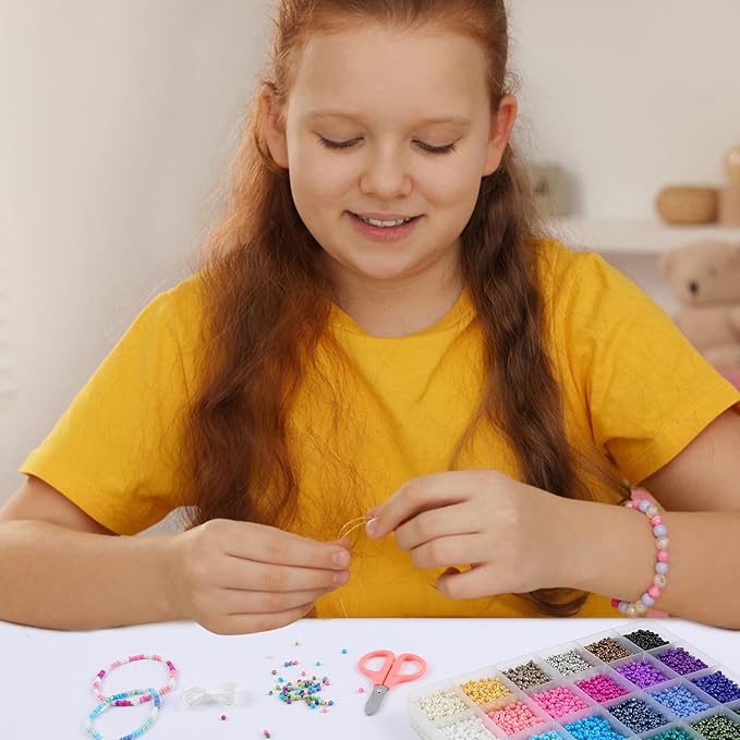 Miss Rabbit 13000pcs 3mm Glass Seed Beads 24 Colors Small Craft Beads Small Beads for DIY Bracelet Necklace Ring Craft Jewelry Making, with Scissor and Two Clear Bracelet String (540pcs per Color