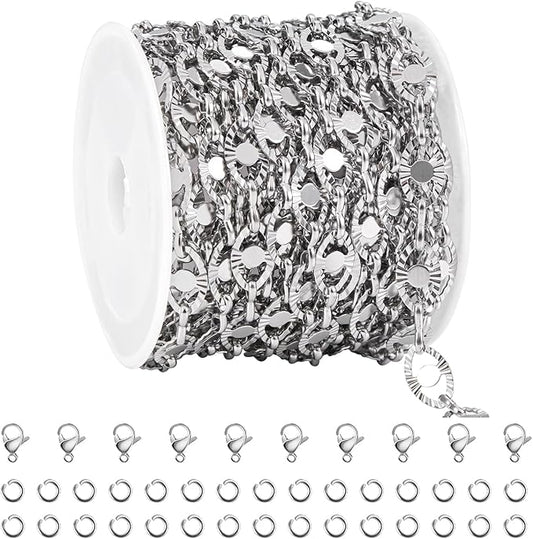 YOUBEIYEE 5 Meters Stainless Steel Chains for Jewelry Making Embossed Oval Bulk Chain Decorative Craft Chain Roll