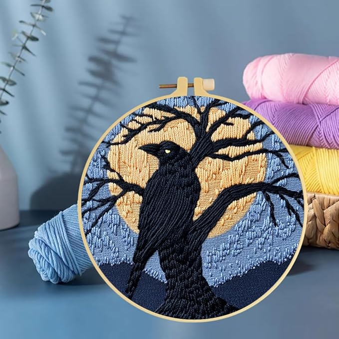 Punch Needle Kits Black Raven on Black Tree Under Moon DIY Embroidery Starter Set with Hoop Easy for Beginners Stress Relief Handmade Craft Hobby and Home Decor 20x20cm-3