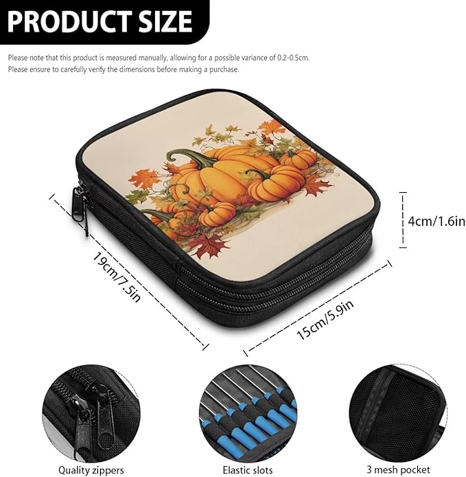 Hechitok Pumpkin Maple Leaf Crochet Hooks Case Zipper Bags Portable Crochet Storage Bag with Web Pocket and Crochet Holder Slots for Carrying Crochets Needles
