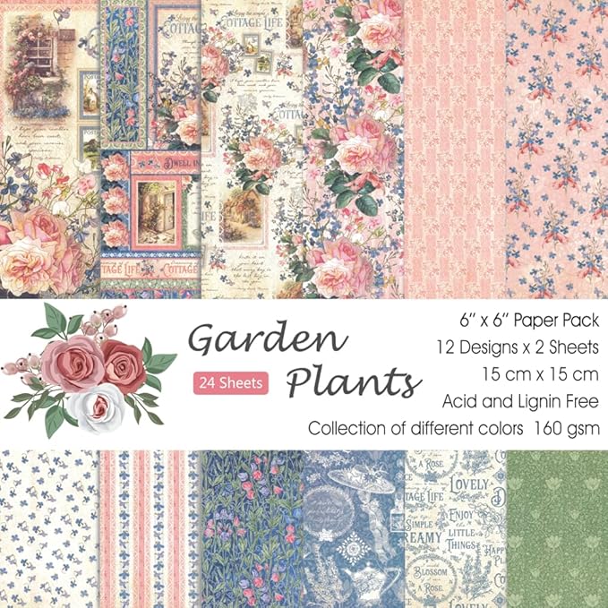 6x6” 160gsm cardstock Single Sided Scrapbooking 24 Papers Pad vintage decoupage scrapbook kit patterned paper junk journal supplies journaling supply scrap paper crafting Garden Plants