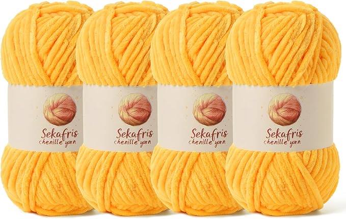 4 Pack Chunky Chenille Yarn for Crocheting, Baby Yarn for Crocheting Soft Blanket, 349.9 yds /14.1 oz Crochet Yarn, Bulky 5 Amigurumi Yarns, Fluffy Velvet Yarns for Knitting Crafts (4 Golden Yellow)