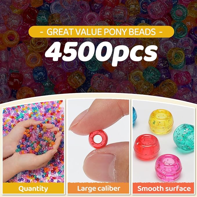 glitter pony beads 2.5 lb bulk– 4500 pcs colored plastic kandi beads in handle bucket for craft supplies, jewelry making, bracelets, hair braiding & diy projects 6x9mm wide hole
