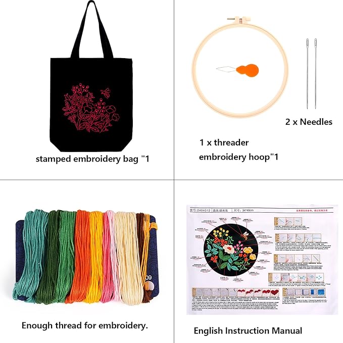 Canvas Tote Bag Embroidery Kit, Beginner Embroidery Kit for Adults, Hand Embroidery Starter kit with Floral Pattern, Arts and DIY Crafts Embroidery Kits , Cross Stitch Kit with Embroidery Bag and Tool