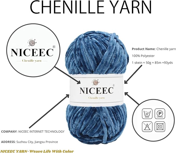 NICEEC 3 Skeins Soft Chenille Yarn Blanket Yarn for Knitting Fancy Yarn for Crochet Weaving DIY Craft Total Length 3×85m (3×93yds, 3×50g)_Navy Blue