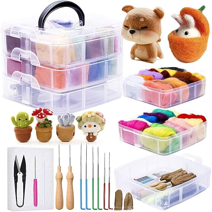 JUPEAN Needle Felting Kit, 24 Colors Wool Roving (5g/Color), Complete Needle Felting Starter Kit with Needle Felting Supplies Wool Fibre Spinning Craft Felting Kits for Beginners