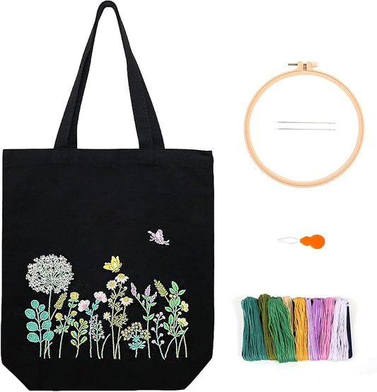 Canvas Tote Bag Embroidery Kit, Embroidery Kit for Beginners Adults, Embroidery Starter kit with Flower Pattern, Canvas Bag Cross Stitch Kits, Cross Stitch Kit with Hoops, Color Threads and Tool