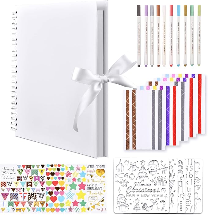 GOTIDEAL 12 x 12 Inch Scrapbook Album with 10 Metallic Markers,80 Pages Craft Paper Photo Album for Wedding and Anniversary, Family DIY Photo Album with Scrapbooking Stickers Corners(White)