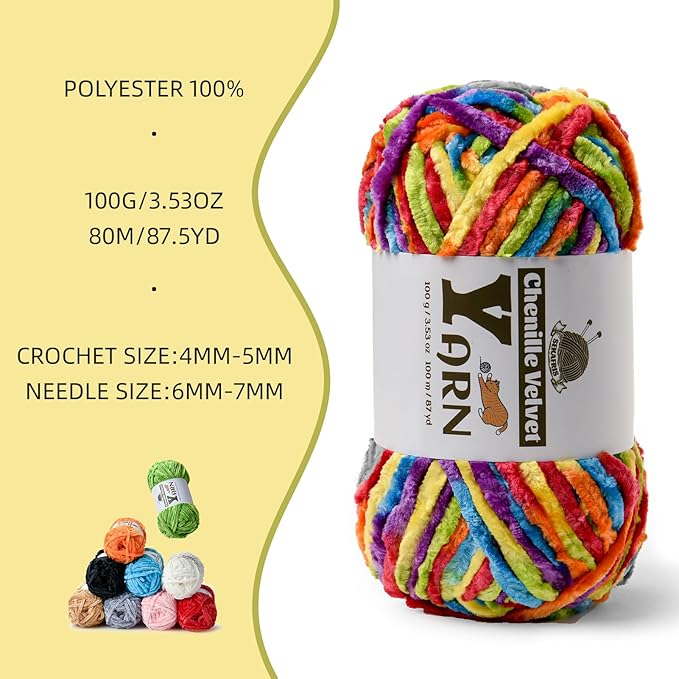 12 Pack Multicolor Crochet Yarn, Fluffy Chunky Chenille Yarn for Crocheting, Fuzzy Velvet Yarn for Crochet Kit, Baby Yarn for Crocheting Soft Amigurumi Yarn Set B (100g/87yds Each)