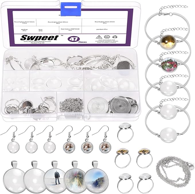 Swpeet 47Pcs 12mm 20mm 25mm Round Pendant Trays Kit, Including Dome Cabochons, Bracelet Bezel Settings, Chains, Earring Pendant Trays, Ring Necklace Pendants Tray for Jewelry Making