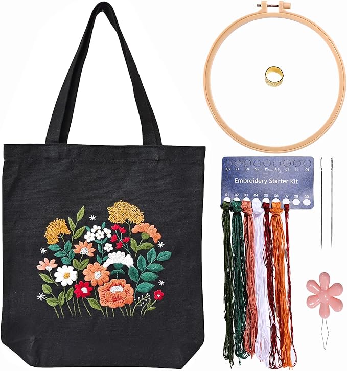 Canvas Tote Bag Embroidery Kit with Pattern for Beginners, Arts and DIY Embroidery Crafts Kits for Adults, Instructions, thimble, Embroidery Hoops, Color Threads (black, CR002 huaguangpianran)