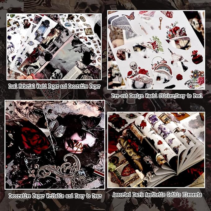Halloween Stickers for Adults, 50 Sheets Precut Dark Aesthetic Gothic Scrapbook Washi Sticker Book for Junk Journal Supplies, Journaling, Scrap Book Suply
