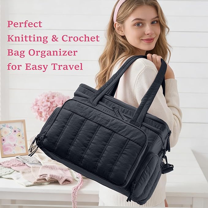 MYBAGZING Large Knitting & Crochet Bag Organizer for Yarn Storage, Double-Layer Knitting Project Bag with 6 Grommets, Yarn Organizer Tote for Knitting Supplies Crochet Hooks & Accessories Gift for Mom
