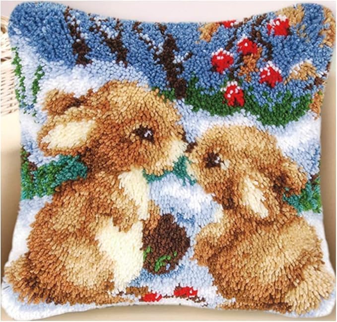 LAPATAIN Latch Hook Kits for DIY Throw Pillow Cover,Needlework Cushion Cover Hand Craft Crochet for Great Family 17X17inch(Two Rabbits)