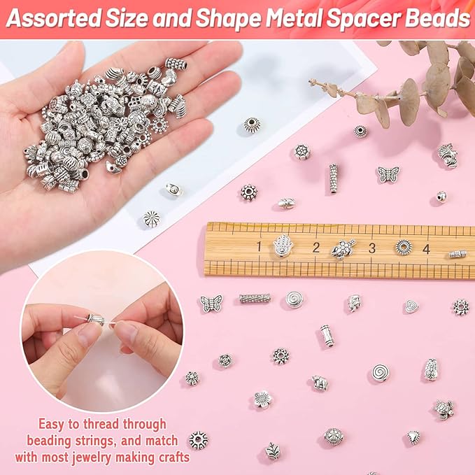 500 Pcs Bracelet Spacer Beads, Silver Bulk Random Styles Loose Spacer Metal Charm for Necklace, Earring Making DIY Jewelry Accessories