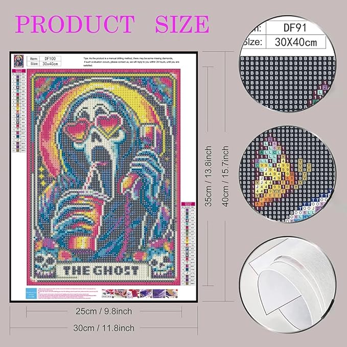 DIYDECORFUN Halloween Ghost Diamond Art Painting Kits for Adults Beginner The Ghost Diamond Art On Canvas,DIY 5D Full Round Drills Skull Painting with Diamonds Gem Art Crafts for Home Decor 12x16 in