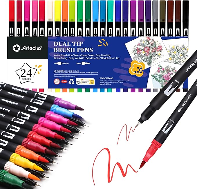Artecho 24 Colors Markers for Adult Coloring Books, Dual Tip Markers for School, Fine and Brush Tip for Adults Coloring Books, Calligraphy, Drawing, Sketching