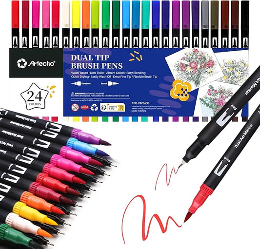 Artecho 24 Colors Markers for Adult Coloring Books, Dual Tip Markers for School, Fine and Brush Tip for Adults Coloring Books, Calligraphy, Drawing, Sketching