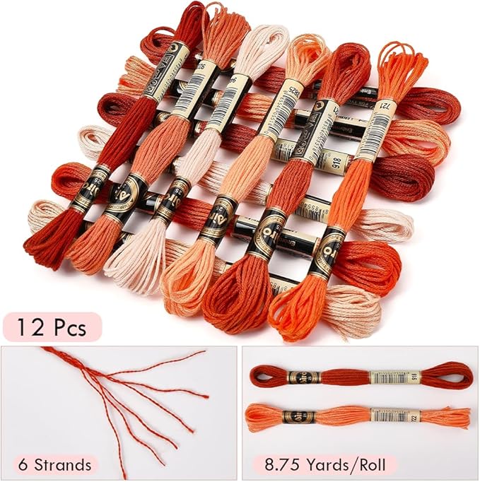 12 Skeins 6 Ply Variegated Embroidery Floss Orange Gradient Crewel Friendship Bracelet String Bulk Cross Stitch Floss Yarn Thread Bulk for Jewelry Making Hand Sewing Stitching Crafts DIY