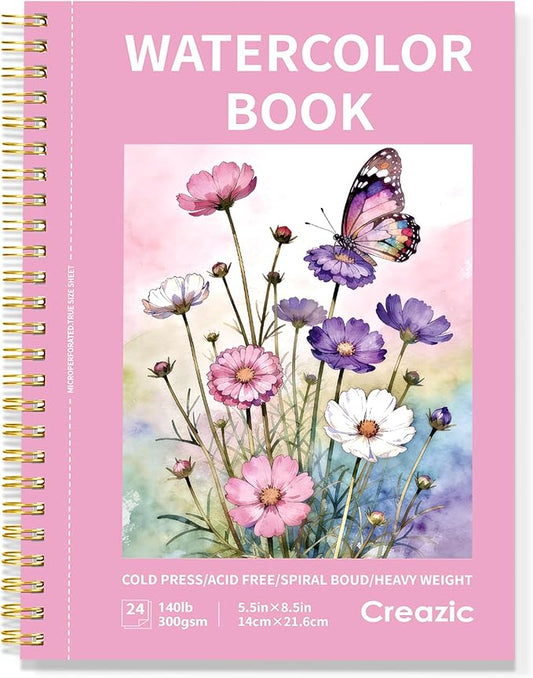 Creazic Watercolor Paper Pad (Pink), 5.5"x8.5", 24 Sheets (140lb/300g). Spiral Bound with Micro-Perforated Tear Line. Portable Travel Sketchbook Journal for Adults, Kids, Art Practice & Small Projects