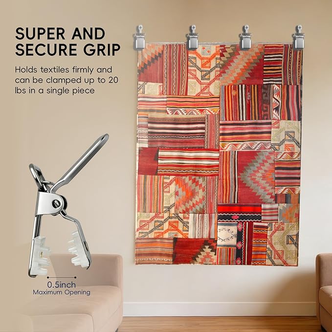 Tapestry Hangers, Heavy Duty & Non-Slip Rug Hangers for Wall, Strong Metal Wall Clips for Hanging Quilts, Large Blankets and Heavy Carpets, Versatile Wall Display Clamps (Silver, 8)