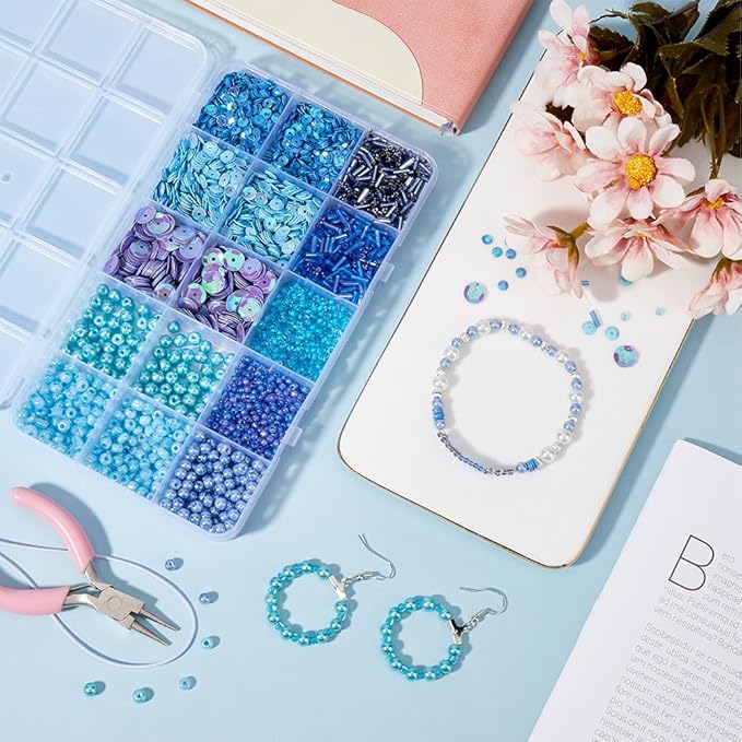 SUNNYCLUE Bead and Sequin Kit Glass Pearls Blue Seed Bead Plastic Paillette Glass Bugle Loose Spacers for Jewelry Making Necklace Bracelet Earrings Beading Craft DIY Supplies