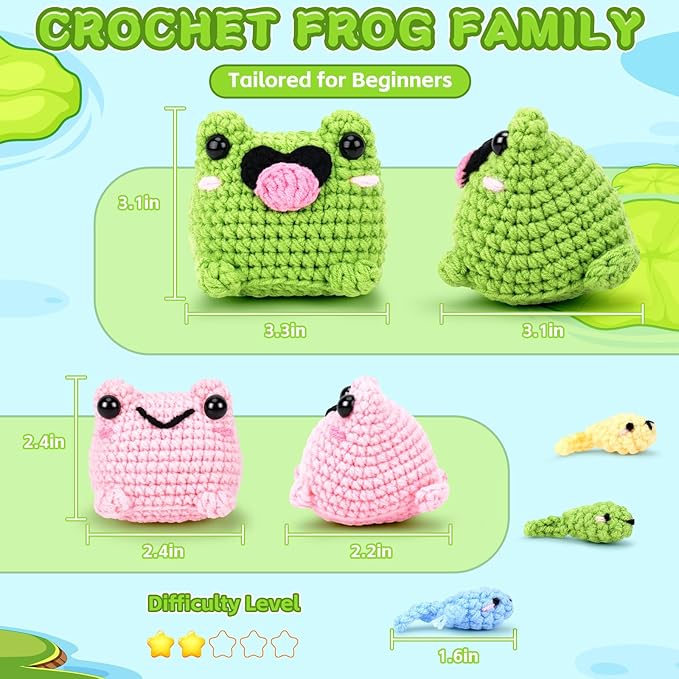 Crochet Kit for Beginners - Frog Family Crochet Kits with Step-by-Step Video Tutorials, Beginner Crochet Kit for Adults, 2 PCS Frogs and 3 PCS Tadpoles Crocheting Set