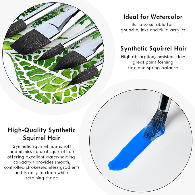 Professional Watercolor Brushes,10 Pcs Synthetic Squirrel Hair Water Color Paint Brush Set for Artists - Flat,Dagger,Round Pointed,Cats Tongue Oval Wash for Watercolor Gouache Painting