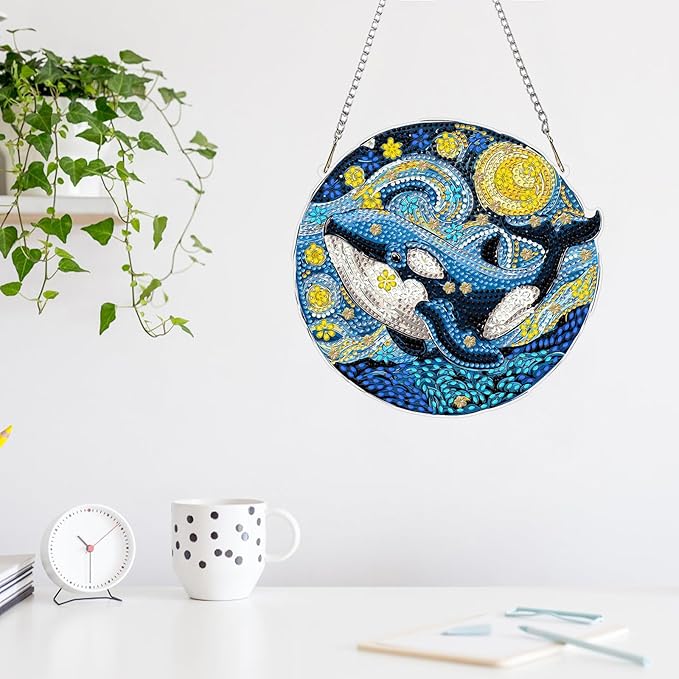MAXBYE Whale Diamond Art Kits for Adults Hanging Ornament, DIY Special Crystal Diamond Painting kit, Double Sided Painting Kits for Beginners Gift Wall Home Decoration 8×8 Inch