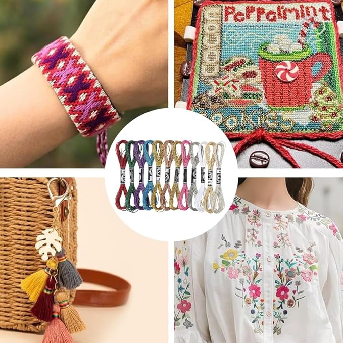 12 Skeins 12 Colors Metallic Embroidery Floss Colorful Glitter Cross Stitch Tassel Thread Polyester Friendship Bracelets Shimmer Crewel String Bulk Set for Hand Sewing Making Knitting Craft