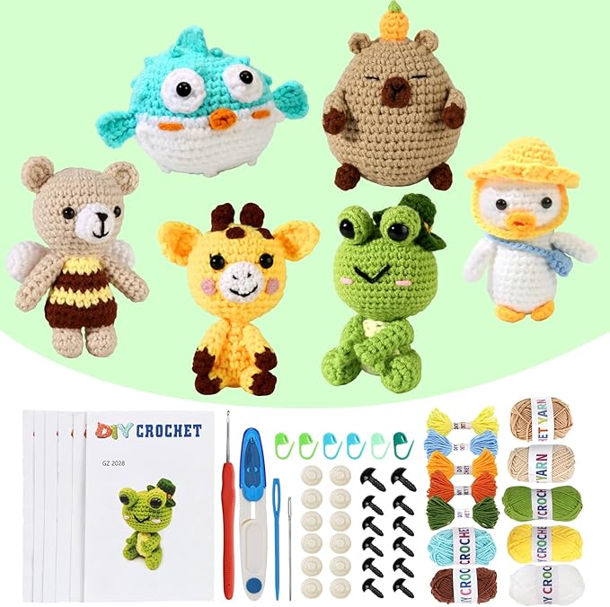 6Pcs Crochet Kit for Beginners, DIY Crochet Kit For Adults, Crochet Animal Kits with Step by Step Videos Tutorials, Yarn Crochet Hook Great Birthday Holiday Gift, DIY Keychain Pendants (Set-03)