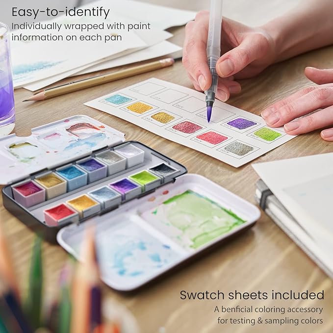 ARTEZA Watercolor Paint Set, 12 Metallic Watercolor Paints, Glitter Watercolor Paint in Half Pans, Travel Watercolor Set