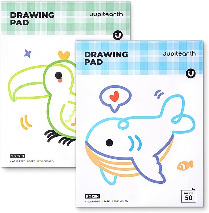 jupitearth sketch pads, 2-pack 50 sheets 9x12 inch drawing pad, acid-free thickened glue-bound sketchbook, art supplies, drawing paper for coloring painting for school